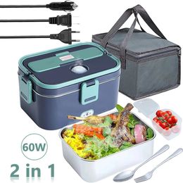 Snelle verwarming 60 W 2 in 1 roestvrijstalen elektrische lunchbox Draagbare 12 V 24 V 110 V 220 V Voedselwarmte Warmer Container Auto EU US Plug 240109