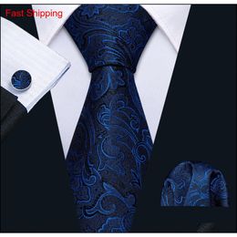 Corbatas rápidas para hombre, 100% diseñadores de seda, corbata Floral azul marino a la moda, conjuntos de gemelos y pañuelo para hombre, fiesta de boda Formal, novio 274z