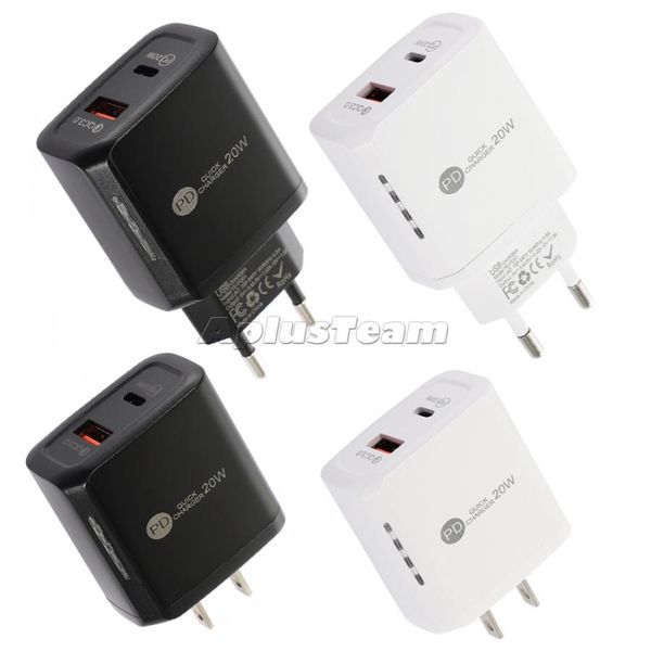 Fast PD 20W USB C Cargador UE EE. UU. Enchufe QC 3.0 2 puertos LED Luz de respiración Iluminación Cambio de color Adaptador de pared de dos cargas para Iphone Samsung Huawei Móvil Celular Teléfono inteligente