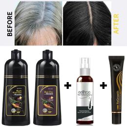 Snel permanent haar donker wordende kleurstof shampoo polygonum multiflorum follikel massage serum grijs draai zwarte spray set voor vrouwelijke mannen