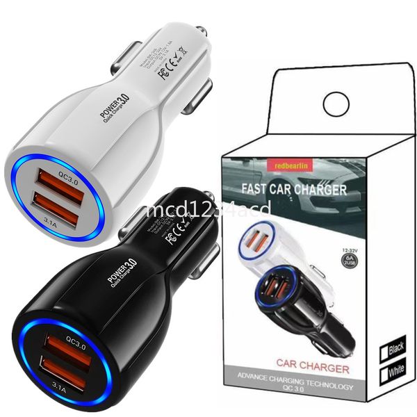 Chargeur de voiture rapide rapide 30W double USB 6A 30W QC3.0 LED adaptateur secteur USB pour Iphone 15 14 12 13 Pro max Samsung S23 S24 HTC LG M1 avec boîte de vente au détail