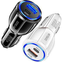 Puertos duales rápidos CARGAS USB C CAR CARGO 38W 20W 30W PD Tipo-C Cargador de automóvil Potable Adaptadores de potencia para iPhone 13 14 15 Samsung HTC LG Android Teléfono