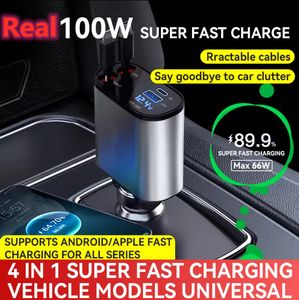 Chargeur de voiture rétractable rapide USB C Charge rapide 100W 2 câbles rétractables et adaptateur de chargeur de voiture de port USB pour iPhone 15 et type - C