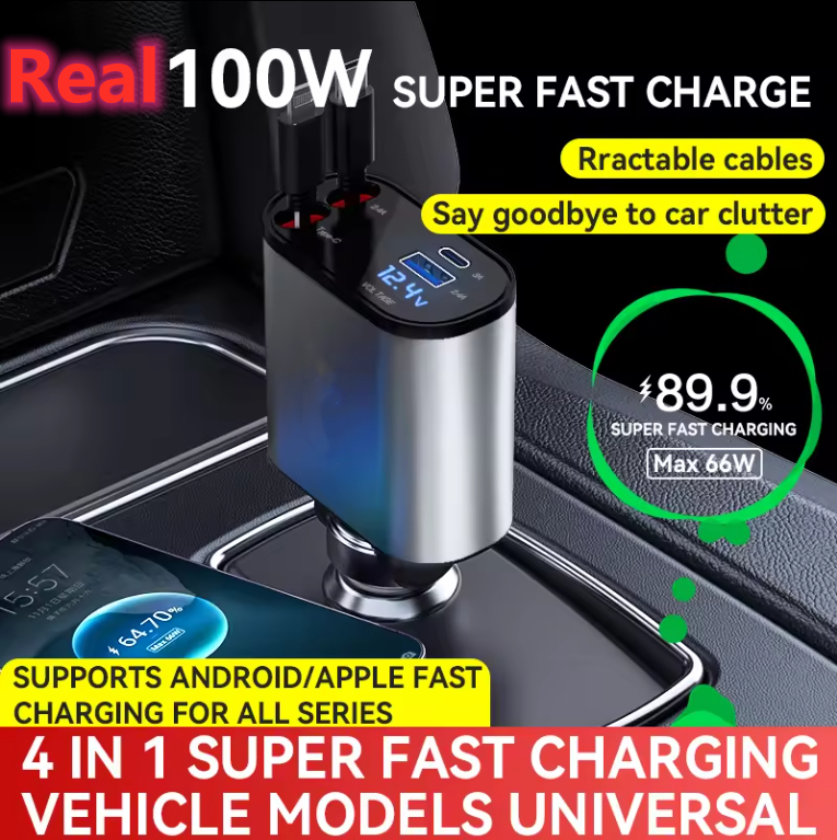 Fast Retractable Car Charger USB C Fast Charge 100W 2 Retractable Cables and USB Port Car Charger Adapter For iPhone 15 and Type - C