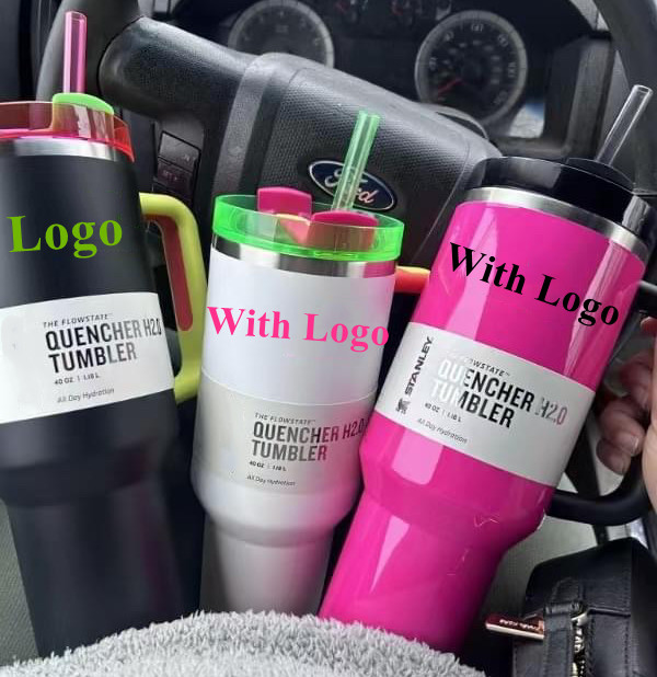 DHL Electric Neon White BLack Pink Yellow Green QUENCHER H2.0 40oz Stainless Steel Tumblers Cups with Silicone handle Lid And Straw Pink Car mugs Water Bottles 0409