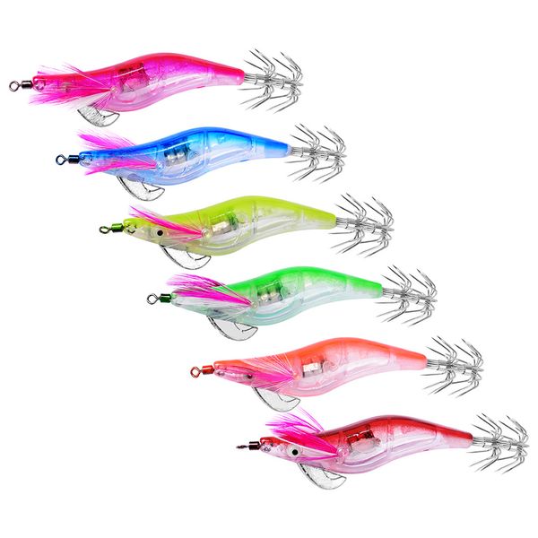 Expédition rapide 10.5cm 12.5g LED Électronique Lumineux Squid Jig Nuit Artificielle Pêche Bois Crevettes Leurre Calmars Lumière Jigs Leurres