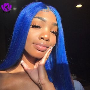 Perruque Lace Front Wig synthétique bleue, livraison rapide, perruque longue et lisse, en Fiber résistante à la chaleur, aspect réaliste, densité 180, pour femmes