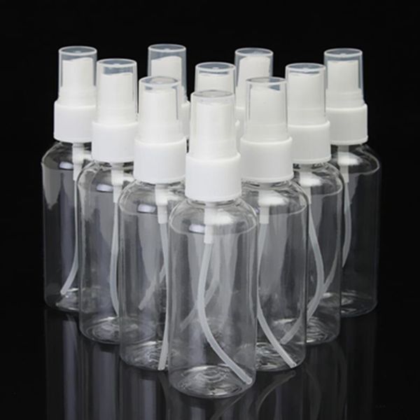 Envío rápido, 60 ml, atomizador de plástico PET vacío transparente, botellas desinfectantes, botella pulverizadora de Alcohol para desinfección, a la venta