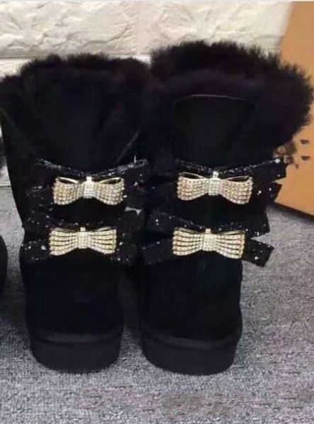 Australie classique simple double diamant bottes de neige femme hiver cuir arc strass couronne chaud épais coton botte chaussures