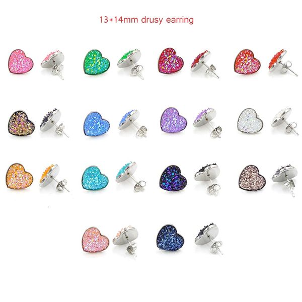 Envío rápido corazón caliente 13*14mm resina sirena Druzy pendientes de acero inoxidable en forma de corazón pendientes perno liso para joyería de mujer