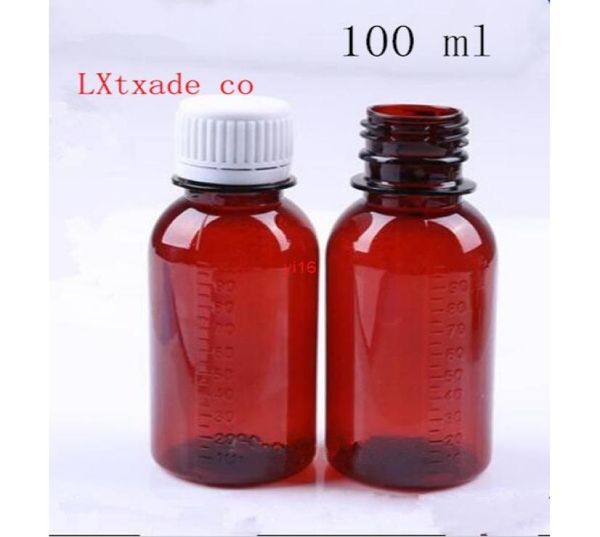 Expédition rapide Expédition 100 ml Brown Pstic Liquid Vide Bottle Scale de médicament Joint de conteneur Sirop d'huile essentielle 50 PCS4509325