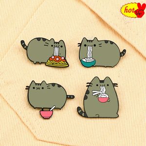 Dikke kat eet noedels email pinnen cartoon dierenbroche vrouwen mannen jeans jas revers pin badge sieraden cadeau voor vriend groothandel