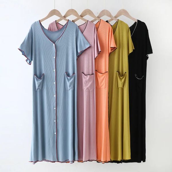 Fat MM Home Clothes Trist Modal Sleepwear Womenchirthirt Loose V Neck Col Short Night Robe Female Boutons Femme Charcède 240408