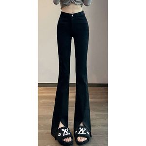 Fat Mm oversized zwarte micro uitlopende broek voor dames 2023 herfst jeans met hoge taille en split Koreaanse versie afslankende uitlopende broek verlengd