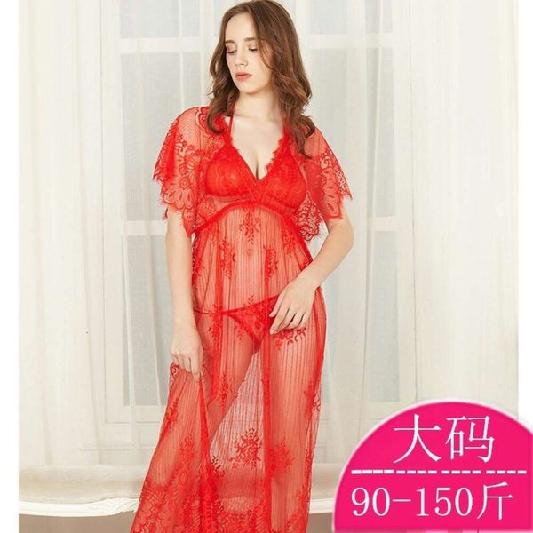 Pijama largo transparente de talla grande para mujer, conjunto de pijama de malla de encaje Sexy y divertido, vestido para dormir con tirantes en perspectiva 130340