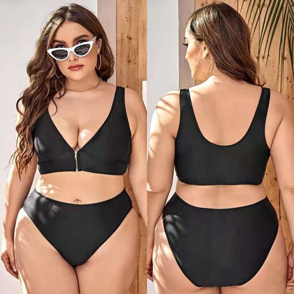 Fat PO Place Bikini sólido Sexy profundo V cremallera recolectando nadadas de cintura alta para mujeres