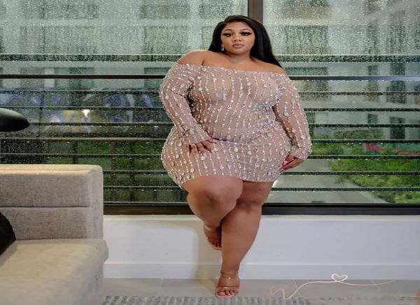 Fat femme Sexy Club Crystal perle Wed Sheer Plus Taille Robe African Dashiki Elastic Big Women Mesdames Long Manyeve BodyCon PA4377178