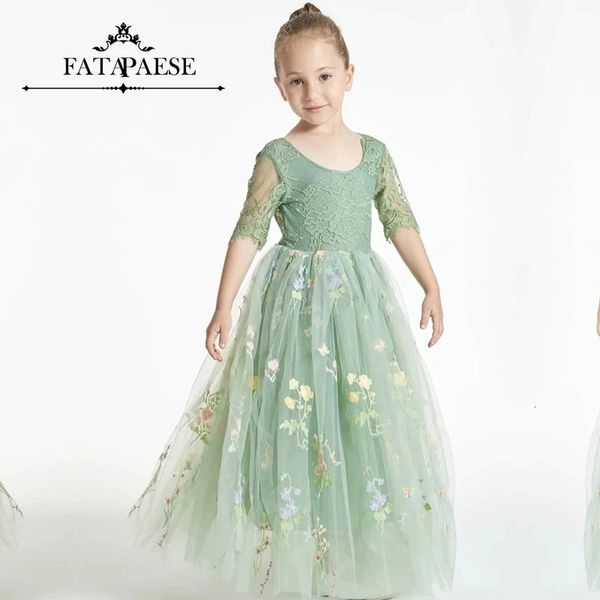 FATAPAESE ROBE FILLE EN DENTELLE DE TULLE BRODÉE FLEURIE EN SAUGE Bords festonnés Jupe en tulle Robe de demoiselle d'honneur junior 240309