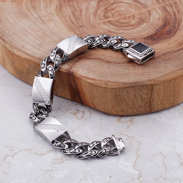 Cadeaux de père. Cadeaux de mari poids lourd 99g 316L en acier inoxydable motif vintage Bracelet chaîne à maillons brillant Zircon ID Bracelet 8.66''1 15mm