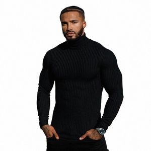 Père SS classique noir côtelé tricot rouleau pull à col roulé nouveaux hommes Lg manches T-shirt sport Fitn décontracté bas chemise v9MB #