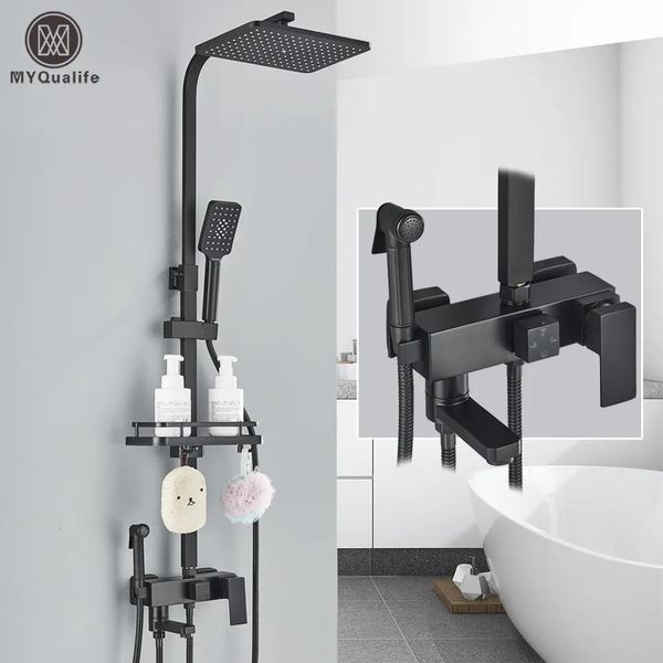 Grifos Grifos para lavabo de baño Juego de grifos de ducha de latón negro Grifo para bañera con lluvia con estante 4 funciones Ajuste de altura Mezclador Grúa Rápida Del