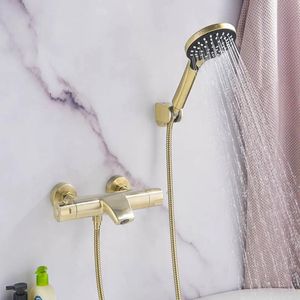 kranen messing badkraan met constante temperatuur wandmontage badkamermengkraan met handdouchekranen set geborsteld goud / zwart