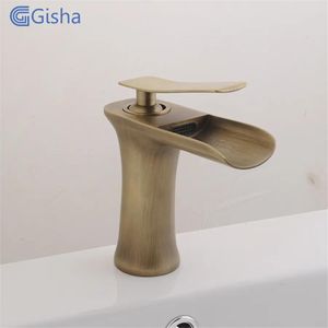 Grifos Gisha, grifo de baño de cascada de bronce antiguo, grifos de lavabo de baño, grifo mezclador de una sola manija, grifo de fregadero frío y caliente G1038