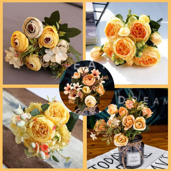 Faux Floral Verdure 1 Bouquet Jaune Fleurs Artificielles Pivoine Thé Rose Automne Soie Faux Fleurs Pour Bricolage Salon Maison Jardin Décoration De Mariage J220906