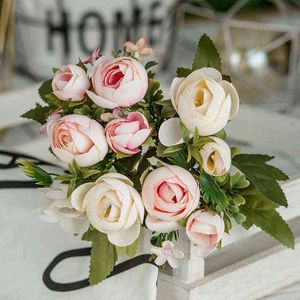 Imitación floral verde 10 cabezas 1 paquete de té de seda rosas ramo de novia para Navidad hogar boda decoración de año nuevo plantas falsas flores artificiales J220906