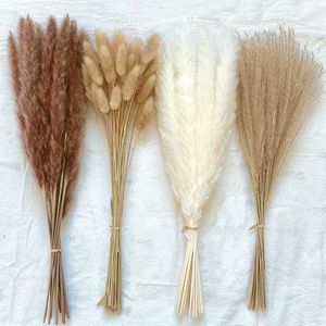 Faux Floral Greenery 100Pcs lot Cream Pampas Grass Fluffy Room Phragmites Decoration Natural Bunny Tail Dried Flowers Bouquet Boho Home Decor 230329