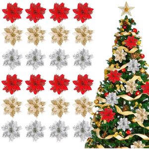 Faux Floral Verdure 10 PCS Fleurs De Noël Rouge Or Bling Têtes De Fleurs Pour Noel Maison Décorations D'arbre Navidad Partie Table Réglage Décor Fournitures 230819