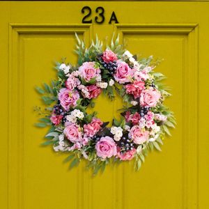 Faux verdure florale 19,7 pouces couronne de porte d'entrée rose guirlande de fleurs artificielles extérieur baie florale pour bouquet de fenêtre maison mariage printemps été 231123