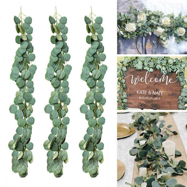 Imitación floral verde 1 m artificial falso plantas de eucalipto corona verde ratán vides ramas mesa fiesta de boda colgante de pared decoración del jardín del hogar J220906