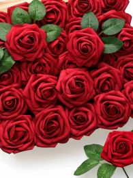 Fausse verdure florale 25pcs fleurs artificielles rose rose en mousse rose en mousse avec tiges pour bouquets de mariage bricolage décor de fête de mariée fausses roses