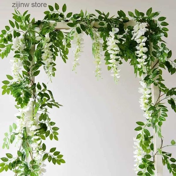 Imitación floral verde 2M Wisteria artificial Boda Arcos blancos Flores Guirnalda Wisteria Flor Flores Hogar Jardín Boda Arco Decoración floral Y240322