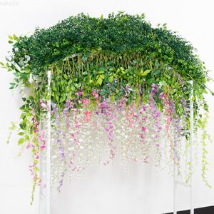 Faux bloemen groen 3 stks paarse rattan zijden slinger nep planten bladeren huis muur bruiloft tuin arch decoratie 3 gaffel lange wijnstok kunstmatige bloemen j220906