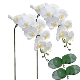 Vegetación floral falsa 40 Flores de Phalaenopsis artificiales más grandes con 2 hojas Plantas de flores de orquídeas de mariposa artificial para decoración de bodas en el hogar T240422