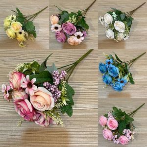 Kunstbloemen Groen 5 Rozen 4 Madeliefjes Kunstbloemen Bruiloft Thuis Herfstdecoratie Hoge kwaliteit Groot boeket Luxe nepbloemstuk Bulk 230819