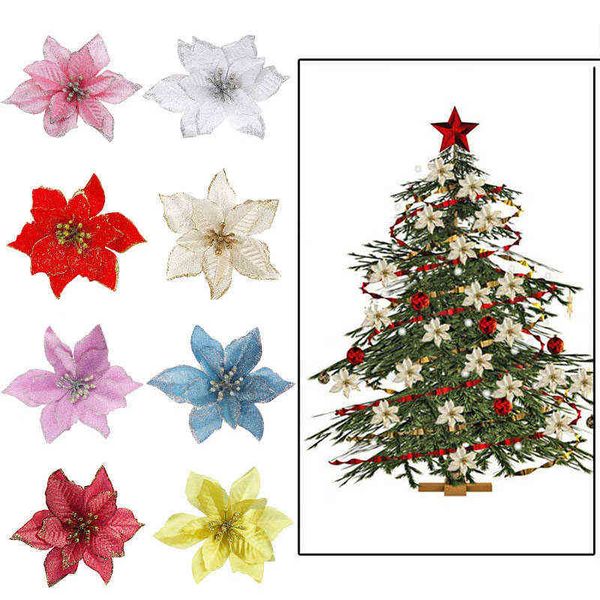 Faux Floral Verdure 510Pcs 13Cm Glitter Fleurs Artificielles Pour La Décoration D'arbre De Noël Diy Ornements De Noël Maison De Mariage Décoration De Fête De Noël J220906