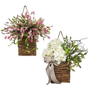 Fausse verdure florale couronne de fleurs artificielles printemps été fleurs sauvages porte panier suspendu couronne rose baie cintre couronne ferme cottage guirlande 231123