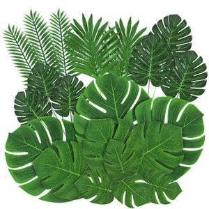 Faux Floral Greenery Artificial Tropical Palm Leaves Hawaiian Luau Safari Jungle Party Decoración Verano Boda Cumpleaños Home Table Decor Fake Plant J220906