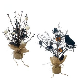 Faux bloemen groene creatieve nepplanten Halloween Black Spider Crow Berry Tree sfeer decoraties Home Decor Artificial 230815