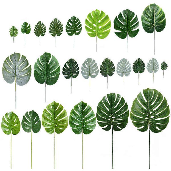 Imitación floral verde verde artificial palmera tropical monstera hojas de arce navidad halloween boda decoración del hogar hawaii fiesta de cumpleaños suministros j220906