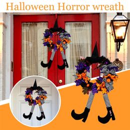 Faux Floral Greenery Halloween Evil Witch Legs Wreath Wizard Feet With Black Lace Handmade Ornament Door Window Wall Hanging Decorations #t2g 220908