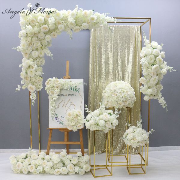 Faux Floral Greenery Luxury White Rose Flor artificial Arreglo de fila Escena de boda Decoración Telón de fondo Colgante de pared Cortina Mesa Bola 230713