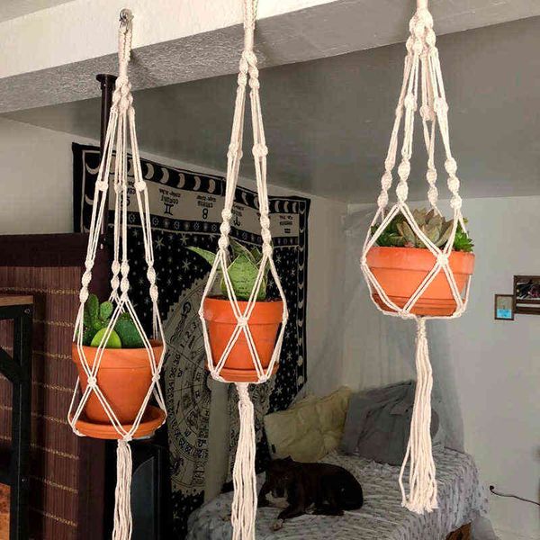 Faux Floral Verdure Macramé Plante À La Main Pendentif Paniers Pots De Fleurs Titulaire Balcon Suspendu Décoration Nouée Corde De Levage Maison Jardin J220906