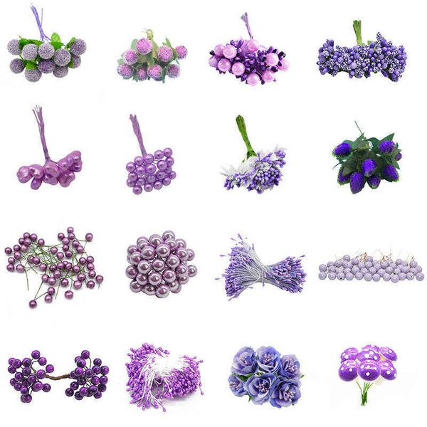 Imitación floral verde mezcla púrpura flor artificial cereza harina hilos bayas paquete diy decoración navideña pastel de boda caja de regalo coronas decoración de navidad j220906