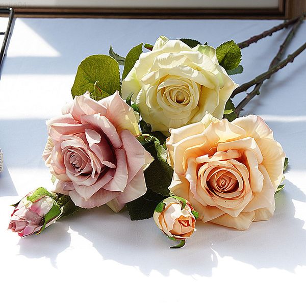 Faux Floral Verdure Nouvelle Belle Grande Branche De Rose Fleurs De Soie Artificielles Décoration De Mariage À La Maison Rétro Automne Grandes Roses Blanc Faux Fleurs Décor J220906