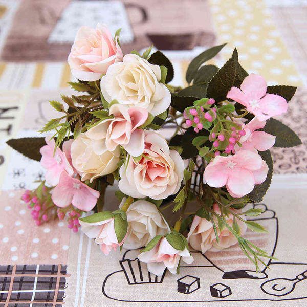 Imitación floral verde nueva hermosa rama de rosa flores de seda artificiales decoración de la boda del hogar retro otoño rosas grandes flores blancas falsas decoración J220906