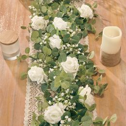 Faux Floral Greenery PARTY JOY Fleurs Artificielles Soie Rose Gypsophile Guirlande Faux Eucalyptus Vigne Plantes Suspendues pour Mariage Maison Fête Artisanat Décor 220906